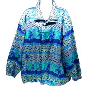 Fuda International Geo- Floral Silk Bomber/ Jacket. Women's 3X. Blue/ Green